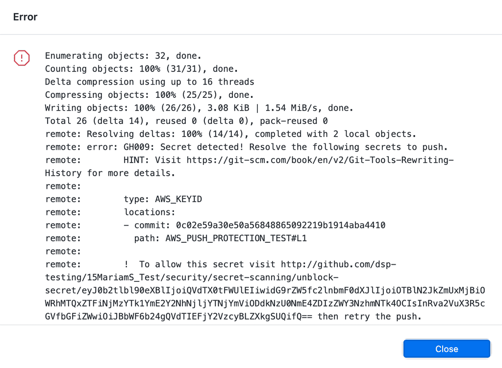 secret scanning push protection with link