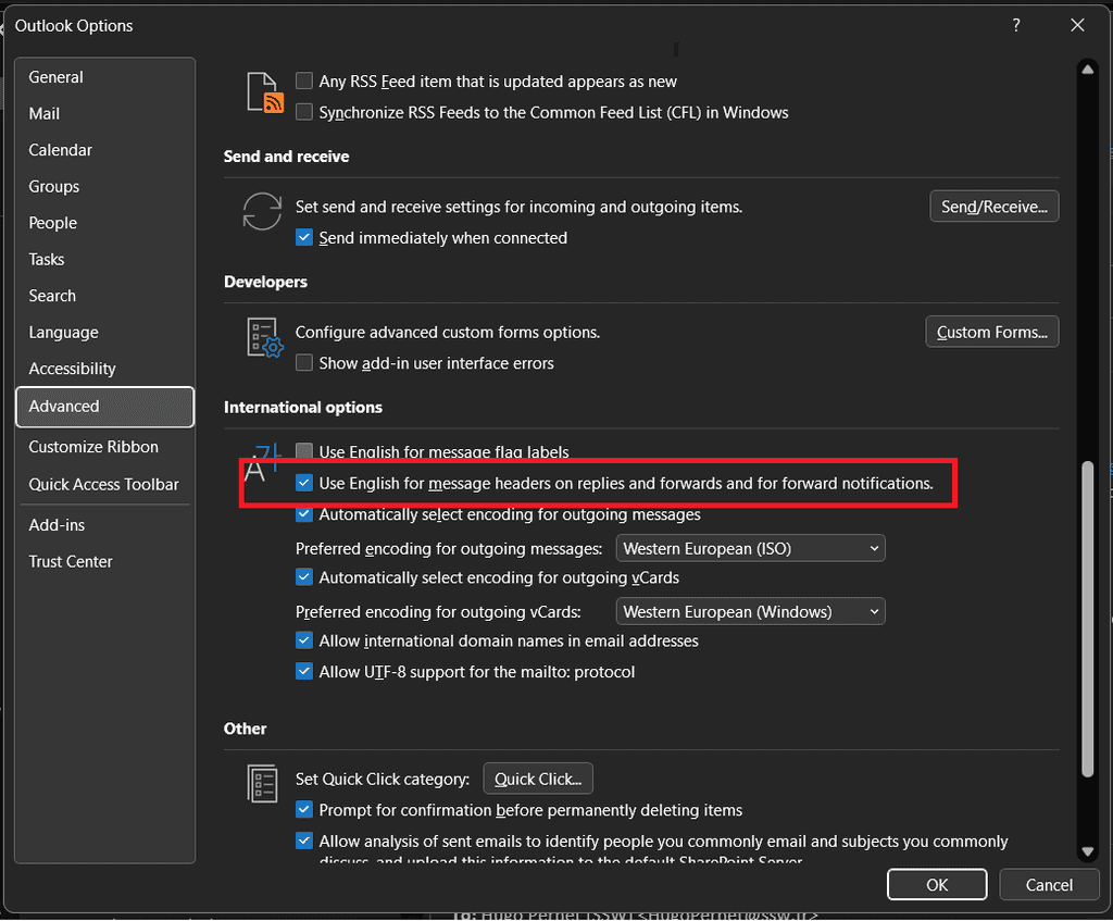 outlook options headers